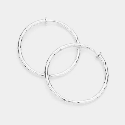 Fashnzfab 1.75 Inch Textured Metal Clip On Hoop Earrings In Silver