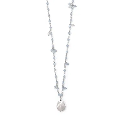Fashnzfab 18"+2" Beaded Aquamarine And Cultured Freshwater Pearl Necklace In Silver