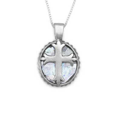 Fashnzfab 18" Oval Ancient Roman Glass Cross Necklace In Pink