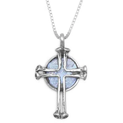 Fashnzfab 18" Round Ancient Roman Glass With Cross Necklace In Silver