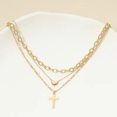 Fashnzfab 18k Gold Dipped Cross Pendant Heart Charm Accent Mixed Chain Layered Necklace