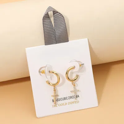 Fashnzfab 18k Gold Dipped Cz Pave Cross Charm Drop Mini Hoop Earrings