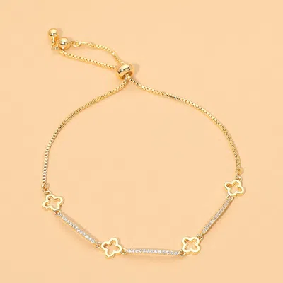 Fashnzfab 18k Gold Dipped Dainty Quatrefoil Charm Rhinestone Pave Bar Link Adjustable Cinch Pull Tie Bracelet
