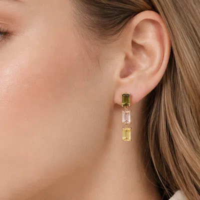 Fashnzfab 18k Gold Dipped Dainty Tripe Emerald Cut Stone Cluster Link Drop Earrings In Multi