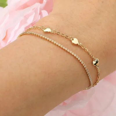 Fashnzfab 18k Gold Dipped Heart Charm Station Rhinestone Layered Adjustable Cinch Pull Tie Bracelet Clear, Gol In Silver