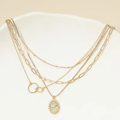 Fashnzfab 18k Gold Dipped Oval Sunburst Charm Accent Mixed Chain Layered Necklace In Multi