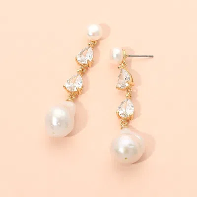 Fashnzfab 18k Gold Dipped Pearl Cut Stone Cluster Baroque Freshwater Pearl Drop Earrings In Silver