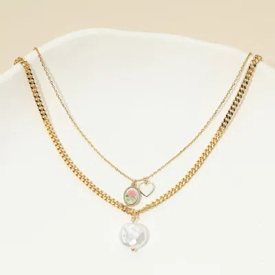 Fashnzfab 18k Gold Dipped Pearl Disc Heart Floral Oval Charm Pendant Accent Layered Necklace In Multi