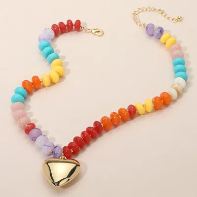 Fashnzfab 18k Gold Dipped Puffy Heart Pendant Chunky Resin Disc Beaded Necklace In Multi