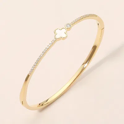 Fashnzfab 18k Gold Dipped Quatrefoil Accent Stone Pave Hinged Bangle Bracelet