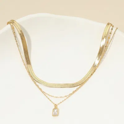 Fashnzfab 18k Gold Dipped Rectangular Stone Bezel Pendant Accent Herringbone Chain Layered Necklace In Multi