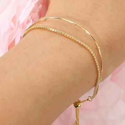Fashnzfab 18k Gold Dipped Rhinestone Ball Chain Layered Adjustable Cinch Pull Tie Bracelet Clear, Gold In Silver