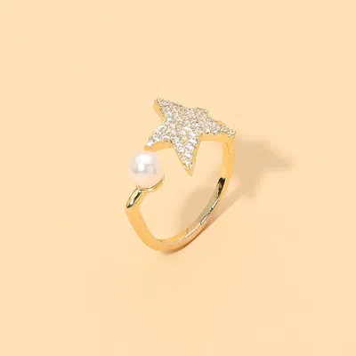 Fashnzfab 18k Gold Dipped Rhinestone Pave Star Pearl Tip Adjustable Ring