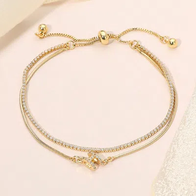 Fashnzfab 18k Gold Dipped Rhinestone Paved H Accent Double Layered Cinch Pull Tie Evening Bracelet - Clear, Go In Multi