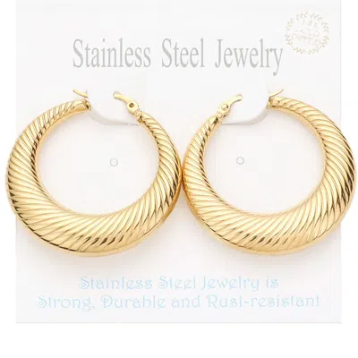 Fashnzfab 18k Gold Dipped Stainless Steel 1.5 Inch Textured Metal Hoop Pin Catch Earrings In Silver