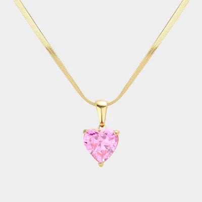 Fashnzfab 18k Gold Dipped Stainless Steel Cz Heart Pendant Necklace In Pink
