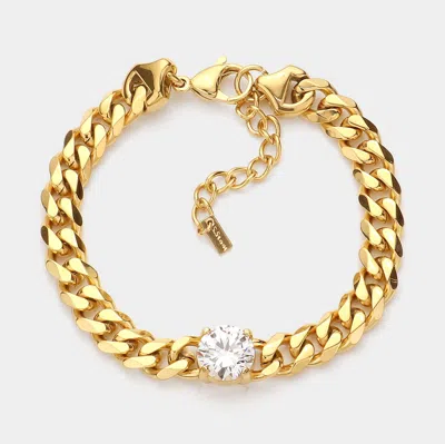 Fashnzfab 18k Gold Dipped Stainless Steel Cz Round Stone Accented Chain Link Bracelet Gold