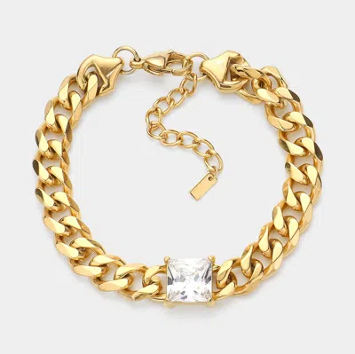 Fashnzfab 18k Gold Dipped Stainless Steel Cz Square Stone Accented Chain Link Bracelet - Gold