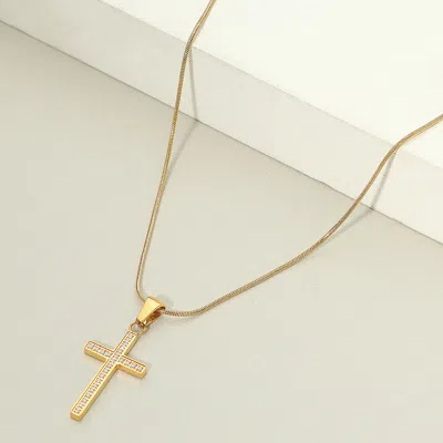 Fashnzfab 18k Gold Dipped Stainless Steel Stone Paved Cross Pendant Necklace - Gold