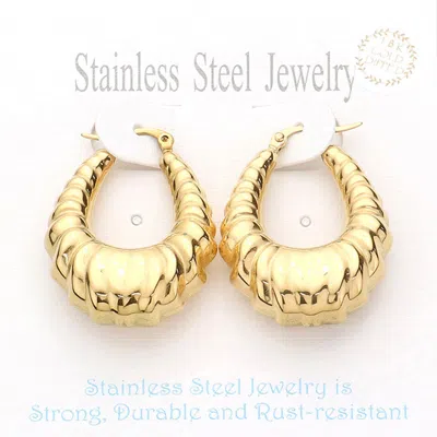 Fashnzfab 18k Gold Dipped Stainless Steel Textured Teardrop Hoop Pin Catch Earrings In Silver