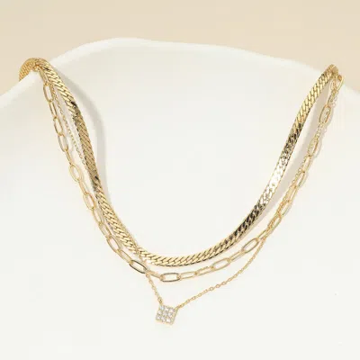 Fashnzfab 18k Gold Dipped Stone Pave Square Pendant Accent Herringbone Paperclip Chain Layered Necklace In Multi