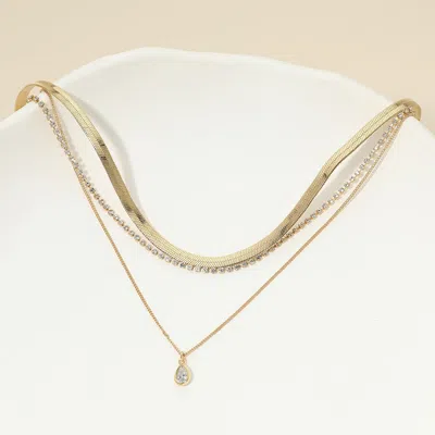 Fashnzfab 18k Gold Dipped Teardrop Stone Bezel Accent Herringbone Chain Layered Necklace In Multi