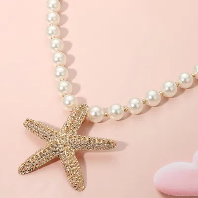 Fashnzfab 18k Gold Dipped Textured Metal Starfish Pendant Accent Pearl Statement Necklace In Multi