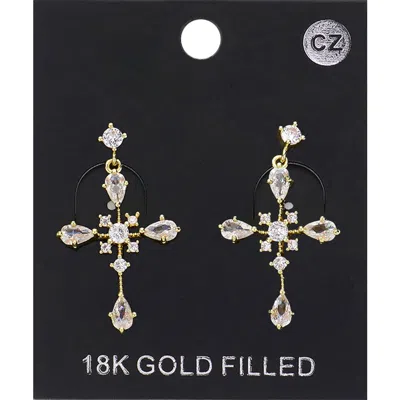 Fashnzfab 18k Gold Filled Cz Stone Cross Pendant Dangle Earrings - Gold