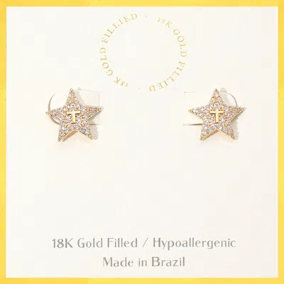 Fashnzfab 18k Gold Filled Rhinestone Paved T Embossed Star Stud Earrings