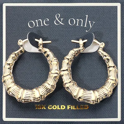 Fashnzfab 18k Gold Filled Textured Bamboo Pin Catch Hoop Earrings