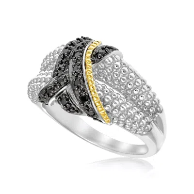Fashnzfab 18k Yellow Gold & Sterling Silver Entwined Popcorn Ring With Black Diamonds
