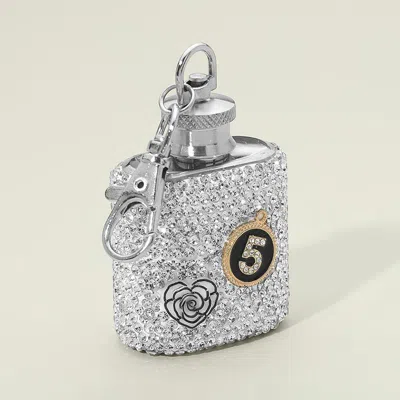 Fashnzfab 1oz Stainless Steel Bling Studded Flower Number 5 Portable Mini Flask Bag Charm Keychain In Silver