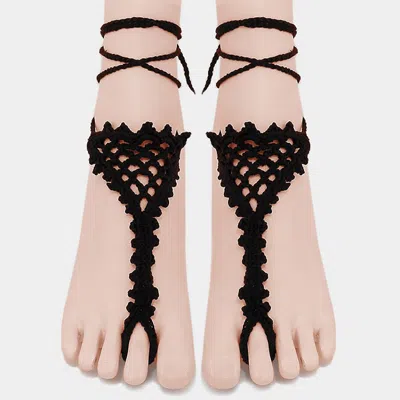 Fashnzfab 1pair - Crochet Lace Up Anklets In Black