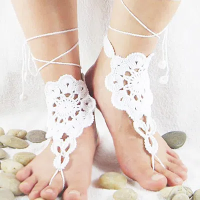 Fashnzfab 1pair - Crochet Lace Up Anklets In White