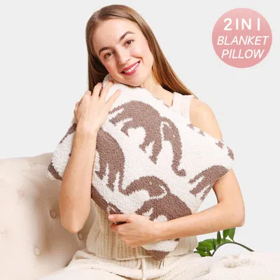 Fashnzfab 2 In 1 Reversible Elephant Patterned Blanket / Pillow In Neutral