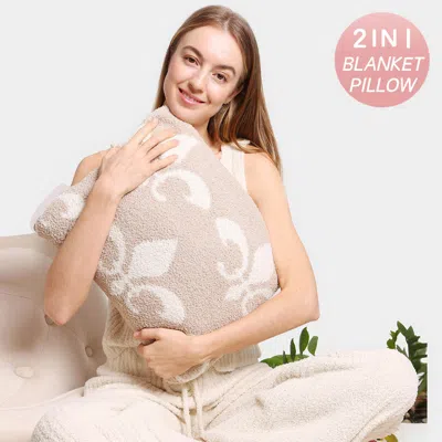Fashnzfab 2 In 1 Reversible Fleur De Lis Patterned Blanket / Pillow In Neutral