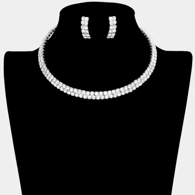 Fashnzfab 2-row Crystal Rhinestone Banded Open Choker Necklace In Silver