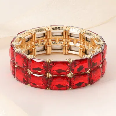 Fashnzfab 2 Row Rectangle Glass Stone Cluster Stretch Evening Bracelet Gold, Siam In Red