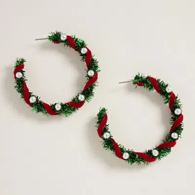Fashnzfab 2" X 2" Pearl Accent Holiday Tinsel Hoop Earrings In Multi