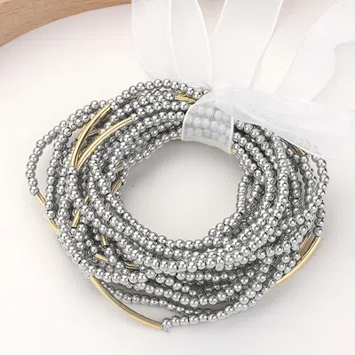 Fashnzfab 20pcs - Metal Ball Beaded Stretch Multi Layered Bracelets Gold, Rhodium