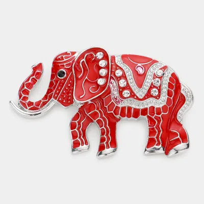 Fashnzfab 2.25" X 1.5" Stone Embellished Elephant Pin Brooch In Red