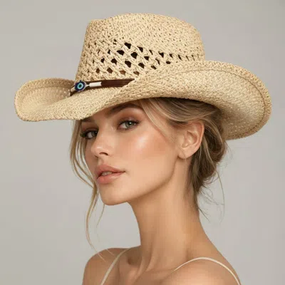 Fashnzfab 23" Boho Western Band Accent Breathable Woven Cowboy Fedora Sun Hat In Sand