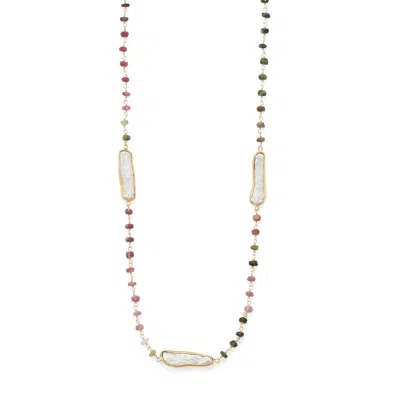 Fashnzfab 24" 14 Karat Gold Plated Tourmaline And Cultured Freshwater Pearl Necklace In Red