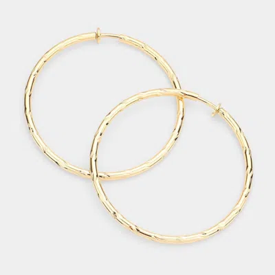 Fashnzfab 2.4 Inch Textured Metal Clip On Hoop Earrings In Gold
