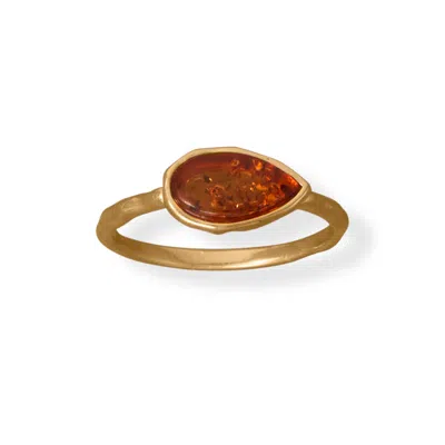 Fashnzfab 24 Karat Gold Plated Pear Baltic Amber Ring In Brown