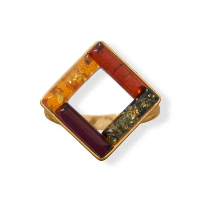 Fashnzfab 24 Karat Gold Plated Square Multi Color Baltic Amber Ring In Red