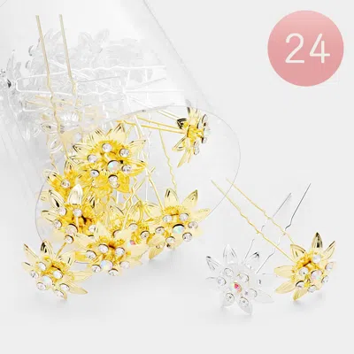 Fashnzfab 24pcs - Round Crystal Floral Hair Comb Pins 1" X 1", 2.75" L In Gold