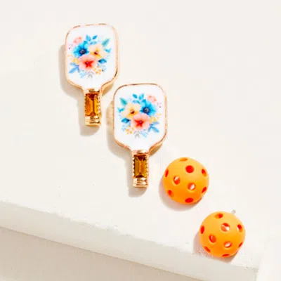 Fashnzfab 2pairs - Floral Pickleball Paddle Earring Set In Multi