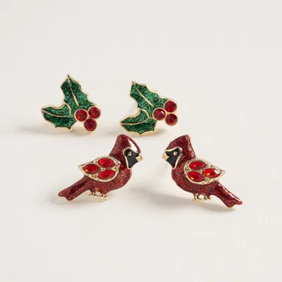 Fashnzfab 2pairs - Holiday Cardinal Christmas Holly Stud Earring Set In Multi
