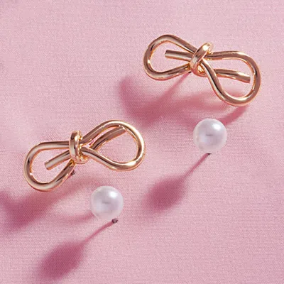Fashnzfab 2pairs - Metal Wire Bow Pearl Stud Earrings - Gold In Multi